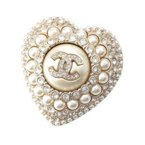 Chanel CC Logo Rhinestone Pearl Heart Corsage Brooch Gold